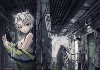 1boy 1girl absurdres android animal_ears apartment beretta_92 blue_eyes breasts cable city commentary_request commission cyberpunk door grey_hair gun handgun hiding highres holding holding_gun holding_weapon hood hood_up industrial_pipe jacket kamikairo long_hair original parted_bangs parted_lips science_fiction skeb_commission trigger_discipline weapon