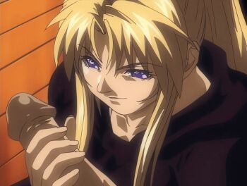 00s 1boy 1girl 2002 animated animated_gif bible_black bible_black_night_of_the_walpulgiss blonde_hair handjob hetero high_ponytail large_penis long_hair penis penis_grab ponytail purple_eyes robe saeki_kaori smirk tagme uncensored