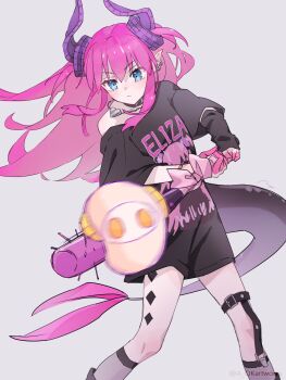 1girl aopix_001 apollo_(fate) black_shirt blue_eyes bracelet breasts choker curled_horns dragon_horns dragon_tail earrings elizabeth_bathory_(fate) elizabeth_bathory_(perfect)_(fate) elizabeth_bathory_(perfect)_(first_ascension)_(fate) fate/grand_order fate_(series) hair_ribbon highres horns jewelry long_hair off_shoulder pink_hair pointy_ears ribbon sheep shirt short_sleeves small_breasts spiked_bat tail thigh_strap thighs two_side_up
