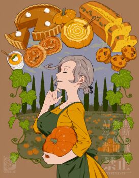 Rule 34 | 1girl, apron, artist name, bread, bread slice, closed eyes, commentary request, food, green apron, highres, holding, holding pumpkin, kamezaemon, loaf of bread, muffin, original, pie, pumpkin, pumpkin pie, short hair, solo