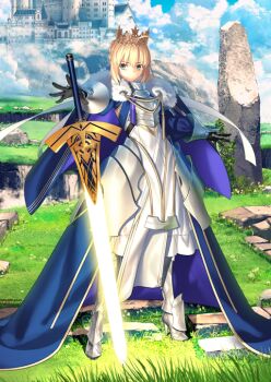 1girl ahoge armor armored_boots armored_dress artoria_pendragon_(fate) blonde_hair blue_dress boots braid cape castle closed_mouth cloud cloudy_sky crown dress fate/grand_order fate_(series) fur-trimmed_cape fur_trim gauntlets glowing glowing_weapon grass green_eyes holding holding_sword holding_weapon looking_at_viewer lord_logres_(fate) lord_logres_(third_ascension)_(fate) official_art short_hair sky solo sword takeuchi_takashi third-party_source variant_set weapon white_dress