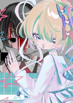 2girls :d ame-chan_(needy_girl_overdose) bathroom black_eyes black_hair bleeding blonde_hair blood blood_from_forehead blue_eyes blue_hair blue_serafuku bow broken_mirror chouzetsusaikawa_tenshi-chan chromatic_aberration colored_tips commentary crack cracked_glass dual_persona hair_bow hair_ornament hair_over_one_eye hand_on_mirror head_tilt highres looking_at_viewer mika3kami mirror multicolored_hair multiple_girls multiple_hair_bows neck_ribbon needy_girl_overdose one_eye_covered open_mouth pink_hair quad_tails red_shirt ribbon school_uniform serafuku shirt sink smile star_(symbol) tile_wall tiles upper_body x_hair_ornament