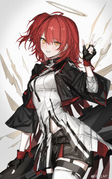1girl absurdres ahoge arknights arm_at_side artist_name black_gloves black_jacket black_shorts blush breasts chinese_commentary commentary cowboy_shot cropped_jacket energy_wings exusiai_(arknights) exusiai_the_new_covenant_(arknights) fingerless_gloves garter_straps gloves grey_background grin halo hand_up highres jacket layered_sleeves lm7_(op-center) long_sleeves looking_at_viewer medium_breasts one_side_up open_clothes open_jacket orange_eyes red_hair shirt short_hair short_over_long_sleeves short_shorts short_sleeves shorts side_slit simple_background smile solo thigh_strap thighhighs traditional_halo w watermark weibo_watermark white_shirt white_thighhighs