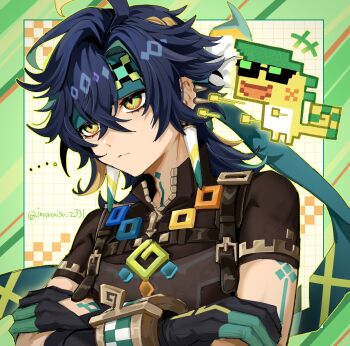 Rule 34 | +++, ..., 1boy, ajaw (genshin impact), black gloves, blue hair, closed mouth, commentary request, crossed arms, earrings, genshin impact, gloves, green eyes, green hair, green headband, hair between eyes, headband, highres, imoraisu, jewelry, kinich (genshin impact), male focus, multicolored hair, open mouth, short sleeves, simple background, twitter username, upper body