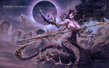 1girl baloolax black_hair breasts colored_skin commentary highres holding holding_weapon indie_virtual_youtuber lamia large_breasts long_hair monster_girl open_mouth pointy_ears purple_skin scar scar_on_breasts second-party_source solo twitter_username vexoria_the_sun_eater virtual_youtuber weapon