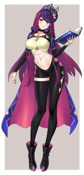 1girl abs bandeau black_pantyhose blush book boots breasts cleavage clothing_cutout fascinator female_focus fire_emblem fire_emblem_engage full_body highres holding holding_book ivy_(fire_emblem) large_breasts long_hair looking_at_viewer matching_hair/eyes midriff mole mole_under_mouth nail_polish navel nintendo open_mouth pantyhose purple_eyes purple_hair purple_nails redkite333 sage_outfit_(fire_emblem_engage) shrug_(clothing) simple_background solo toned toned_female very_long_hair