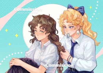 2girls :/ alternate_costume anne_(reverse:1999) aqua_background black_skirt blonde_hair blonney blue_bow blue_necktie blue_skirt bow brown_hair collared_shirt commission earrings green_eyes hair_bow hair_tie hair_tie_in_mouth highres holding holding_another&#039;s_hair holding_hair_tie hugging_own_legs jewelry long_hair mouth_hold multiple_girls mummeemeemama necktie reverse:1999 shirt short_sleeves skirt tying_another&#039;s_hair upper_body watermark