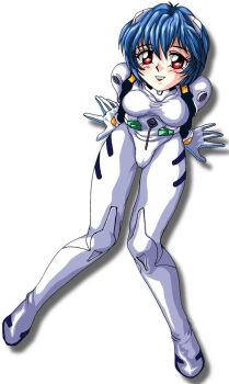 Rule 34 | 1girl, ayanami rei, blue hair, bodysuit, breasts, cameltoe, eyeball (artist), female focus, formal clothes, from above, full body, gainax, looking at viewer, mecha pilot suit, neon genesis evangelion, plugsuit (evangelion), red eyes, sitting, smile, solo, suit, tagme, white background