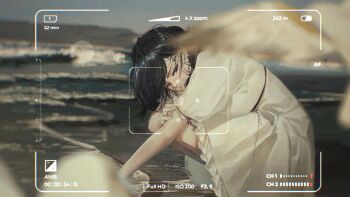 1girl ayase_yuu beach bird bird_wings black_hair blue_eyes blurry blurry_background camera crouching dress holding_own_arm looking_at_viewer ocean phase_connect phase_connect_jp recording seagull squatting stalking tagme viewfinder virtual_youtuber waves white_dress wings zooming_in