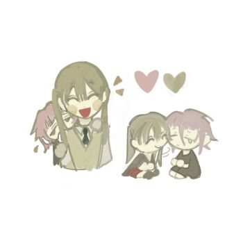 1girl 1other chibi closed_eyes commentary crona_(soul_eater) face-to-face flying_sweatdrops green_necktie happy heart hiding hiding_behind_another looking_to_the_side maka_albarn necktie plaid_clothes plaid_skirt shy single_tear skirt soul_eater twintails txasttszu white_background