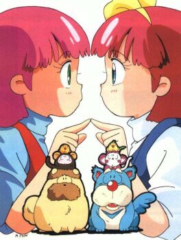 artist_request bird blue_eyes blue_shirt blue_vest dog dual_persona eye_contact finger_touching from_side green_eyes headband looking_at_another mahou_no_princess_minky_momo medium_hair minky_momo mocha_(minky_momo) monkey pink_hair pipiru_(minky_momo) red_hair red_vest shindobukku_(minky_momo) shirt signature simple_background third-party_source upper_body vest white_background white_shirt yellow_headband