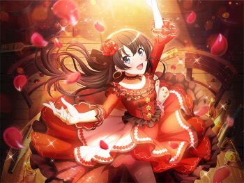 Rule 34 | 1girl, arm up, black choker, black hair, blue eyes, bottle, chair, choker, collarbone, cup, dress, earrings, falling petals, floating hair, flower, frilled dress, frilled sleeves, frills, game cg, hair flower, hair ornament, hoop earrings, jewelry, kagura hikari, layered dress, long hair, long sleeves, looking at viewer, official art, on table, open mouth, petals, red dress, red flower, red rose, rose, sake bottle, shoujo kageki revue starlight, shoujo kageki revue starlight -re live-, solo, spotlight, table, upper body