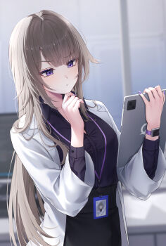 1girl absurdres alternate_costume brown_hair coat hands_up herta_(honkai:_star_rail) highres holding holding_tablet_pc honkai:_star_rail honkai_(series) id_card indoors long_hair long_sleeves looking_at_object office_lady open_clothes open_coat parted_lips purple_eyes purple_nails sakuno_(sksk_sakuno) tablet_pc the_herta_(honkai:_star_rail) upper_body watch white_coat wristwatch