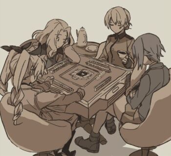 Rule 34 | 10s, 4girls, anchovy (girls und panzer), anzio military uniform, board game, crossed legs, cup, darjeeling (girls und panzer), girls und panzer, greyscale, kay (girls und panzer), kuromorimine military uniform, mahjong table, monochrome, multiple girls, nishizumi maho, ree (re-19), saunders military uniform, st. gloriana's military uniform, table, teacup