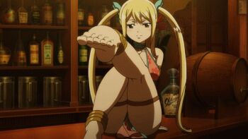 1girl animated animated_gif ass barefoot bikini blonde_hair bracelet breasts cleavage fairy_tail feet floral_pattern gemini_(fairy_tail) harem_outfit jewelry large_breasts loincloth lucy_heartfilia sitting soles swimsuit toes twintails