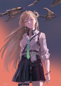 Rule 34 | 1girl, black skirt, blonde hair, breasts, chucky (chucky1000sun), commentary request, earrings, evening, exoswarm (wuthering waves), green necktie, hair between eyes, hair ornament, headphones, headphones around neck, id card, jewelry, long hair, looking at viewer, lynae (wuthering waves), medium breasts, necktie, outdoors, parted lips, purple eyes, shirt, shirt tucked in, signature, skirt, skull hair ornament, smile, solo, star (symbol), star earrings, very long hair, white shirt, wuthering waves