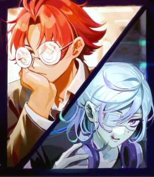 2boys alternate_costume aqua_hair aqua_streaks bags_under_eyes blue_streaks bruise bruise_on_face bruised_eye classroom coke-bottle_glasses collarbone collared_shirt eyepatch gakuran glasses hair_between_eyes hair_intakes half_up_bun headphones highres holding holding_headphones injury jacket long_sleeves looking_afar looking_to_the_side loose_hair_strand male_focus medical_eyepatch medium_hair multicolored_hair multiple_boys paradox_live purple_eyes purple_hair purple_streaks red_eyes red_hair school_uniform shirt short_hair split_screen sugasano_allen swept_bangs yatonokami_kanata ywkvs