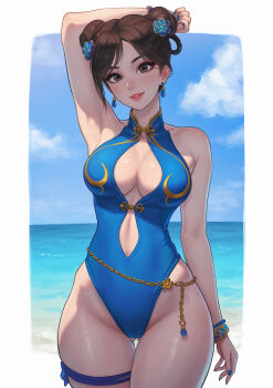1girl arm_up armpits bare_arms bare_shoulders bead_bracelet beads belly_chain blue_flower blue_nails blue_one-piece_swimsuit blue_sky border bracelet braid breasts brown_eyes brown_hair bun_with_braided_base capcom casual_one-piece_swimsuit chun-li cloud commentary_request cowboy_shot double_bun earrings fingernails flower gluteal_fold hair_bun hair_flower hair_ornament highleg highleg_one-piece_swimsuit highres horizon jewelry large_breasts legs_together light_smile looking_at_viewer nail_polish ocean official_alternate_costume one-piece_swimsuit outside_border sky solo standing street_fighter street_fighter_6 swimsuit teardrop_earrings thigh_gap thigh_strap umigraphics water white_border