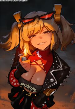 black_skirt blonde_hair breasts burnice_white erotic_nansensu eyewear_on_head highres holding holding_lighter jacket large_breasts lighter looking_at_viewer open_clothes open_jacket red_eyes short_twintails skirt smile solo sunglasses twintails zenless_zone_zero