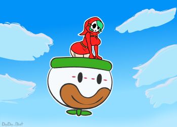 1girl aqua_hair arm_support artist_name belt belt_buckle blue_background blue_sky borrowed_character breasts brown_belt buckle cloud dodo-bot dress eyelashes from_side garter_straps genderswap genderswap_(mtf) hair_over_one_eye highres hollow_eyes hollow_mouth hood hooded_dress koopa_clown_car large_breasts leaning_forward long_sleeves looking_down loose_belt mario_(series) mask nintendo no_nose outline paper_mario paper_mario:_the_origami_king propeller red_dress red_hood red_sweater short_hair shy_gal sky sleeves_past_fingers sleeves_past_wrists smile sweater sweater_dress swept_bangs white_garter_straps white_mask white_outline