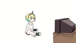 2girls amano_pikamee animated black_shorts blonde_hair burning controller cropped_sweater denim denim_shorts fire full_body game_controller gasoline hairband hikasa_tomoshika medium_hair multiple_girls red_hair rigid_fouling shirt shoes short_hair shorts squatting stick sweater television throwing twintails video virtual_youtuber voms white_background white_sweater yellow_eyes