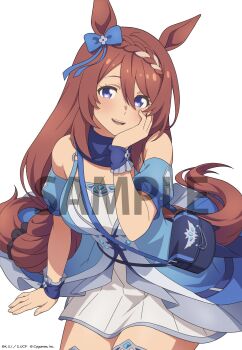 1girl animal_ears bare_shoulders blue_bag blue_dress blue_eyes blue_scarf blush bow braid breasts brown_hair commentary_request dress ear_bow hair_between_eyes hand_on_own_cheek hand_on_own_face highres horse_ears horse_girl horse_tail large_breasts long_hair looking_at_viewer megami_magazine multicolored_hair official_art open_mouth scarf second-party_source simple_background smile solo streaked_hair super_creek_(murmuring_stream)_(umamusume) super_creek_(umamusume) tail umamusume umamusume:_cinderella_gray very_long_hair white_background white_hair wrist_cuffs