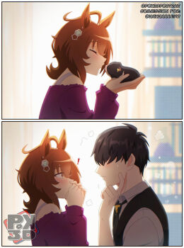 agnes_tachyon_(casual)_(umamusume) agnes_tachyon_(umamusume) ahoge animal_ears blush brown_hair closed_eyes covering_own_mouth earrings guinea_pig horse_ears horse_girl jewelry kiss long_sleeves necktie pok3d puckered_lips scratching_cheek surprised sweat trainer_(umamusume) transformation umamusume vest