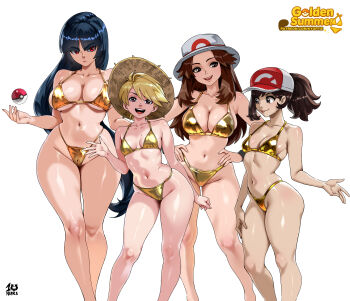 4girls absurdres alternate_breast_size_(larger) artist_name baseball_cap bikini black_hair blunt_bangs breasts brown_eyes brown_hair cleavage closed_mouth collarbone commentary elaine_(pokemon) feet_out_of_frame floral_print gold_bikini grey_hat hands_on_own_hips hat highres kyoffie large_breasts leaf_(pokemon) long_hair looking_at_viewer multiple_girls navel nintendo open_mouth patreon_username poke_ball poke_ball_(basic) pokemon pokemon_adventures pokemon_frlg pokemon_lgpe red_eyes sabrina_(pokemon) short_hair simple_background small_breasts smile sun_hat swimsuit very_long_hair white_background yellow_(pokemon)