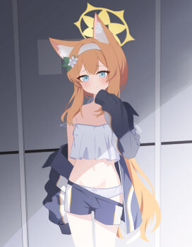 1girl 2000g0ld animal_ear_fluff blue_archive camisole clothes_pull commentary_request flower gym_shorts gym_uniform hair_flower hair_ornament hairband halo jacket korean_commentary long_hair looking_at_viewer mari_(blue_archive) mari_(track)_(blue_archive) multicolored_jacket navel no_shirt official_alternate_costume orange_hair shorts shorts_pull smile solo strap_slip track_jacket two-tone_jacket white_flower white_hairband yellow_halo