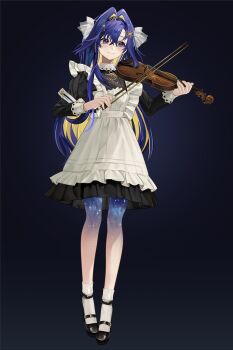 1girl 3d apron black_background black_dress black_hairband black_shoes blonde_hair blue_eyes blue_hair blush bow_(music) closed_mouth colored_inner_hair dress frilled_apron frills full_body gradient_skin hair_intakes hair_ornament hairband hands_up highres holding holding_bow_(music) holding_instrument holding_violin instrument juliet_sleeves long_hair long_sleeves looking_to_the_side multicolored_hair music playing_instrument puffy_sleeves reverse:1999 sacha_(un_782) school_uniform shoes short_dress smile socks solo soviet_school_uniform standing star_(symbol) star_hair_ornament starry_skin very_long_hair violin voyager_(reverse:1999) white_apron white_socks