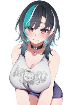 1girl aqua_hair bare_shoulders black_hair blush breasts choker cleavage closed_mouth cowboy_shot hololive hololive_dev_is large_breasts leaning_forward looking_at_viewer mole mole_on_neck multicolored_hair purple_eyes purple_hair rindo_chihaya rindo_chihaya_(1st_costume) short_hair shorts simple_background sleeveless solo tank_top virtual_youtuber white_background white_hair yamaki_(yamaki801)
