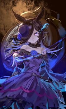 1girl analog_clock animal_ears blue_flower blue_rose brooch brown_hair clock dress eye_trail flaming_eye flipped_hair flower flower_brooch hair_over_one_eye hat highres horse_ears horse_girl inishie_kumo jewelry light_trail long_hair long_sleeves looking_at_viewer off-shoulder_dress off_shoulder one_eye_covered purple_dress purple_eyes rice_shower_(rosy_dreams)_(umamusume) rice_shower_(umamusume) rose solo umamusume