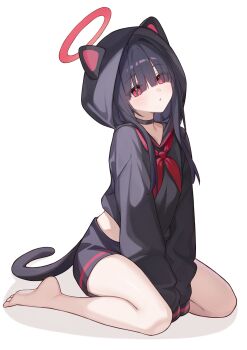 1girl animal_ears black_choker black_hair black_shorts blue_archive cat_ears cat_tail choker commentary halo highres hood justice_task_force_member_(blue_archive) loli long_hair looking_at_viewer neckerchief pipipipyu red_eyes red_halo red_neckerchief school_uniform serafuku shorts simple_background solo tail white_background
