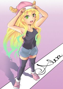 1girl adjusting_clothes aged_down armpits arms_up artist_name baseball_cap black_shirt black_thighhighs blonde_hair blue_shorts collarbone female_focus flat_chest from_above full_body gradient_background gradient_hair green_eyes green_hair happy hat heterochromia horns kenseialexx kobayashi-san_chi_no_maidragon loli long_hair looking_at_viewer looking_up lucoa_(maidragon) multicolored_hair multicolored_shoes open_mouth pink_background pink_hat pink_shoes purple_background shirt shoes shorts simple_background sleeveless sleeveless_shirt smile sneakers solo standing teeth thighhighs two-tone_background two-tone_hair two-tone_hat two-tone_shoes upper_teeth_only white_background white_hat white_shoes yellow_eyes