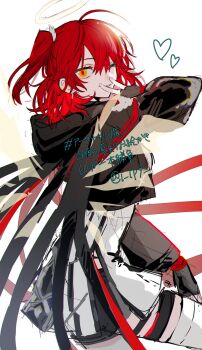 arknights black_gloves commentary_request daki_(ipi_naki) exusiai_(arknights) exusiai_the_new_covenant_(arknights) fingerless_gloves gloves hair_between_eyes halo highres looking_at_viewer official_alternate_costume official_alternate_hair_length official_alternate_hairstyle one_eye_closed red_hair simple_background thighhighs thighs white_background white_thighhighs yellow_eyes