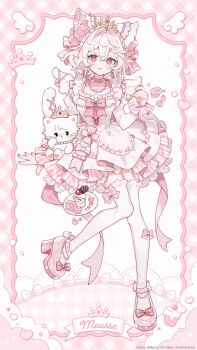 1girl animal bow bow_legwear bowtie cat choker collarbone commentary_request copyright_notice crossed_bangs double-parted_bangs dress food food_on_face footwear_bow full_body hair_between_eyes high_heels highres holding holding_spoon jewelry juliet_sleeves long_sleeves looking_at_viewer necklace open_mouth original pink_bow pink_bowtie pink_choker pink_shoes polka_dot polka_dot_background puffy_sleeves red_eyes shoes short_hair solo spoon standing standing_on_one_leg striped_clothes striped_dress thighhighs uekura_eku white_background white_cat white_dress white_hair white_thighhighs zettai_ryouiki