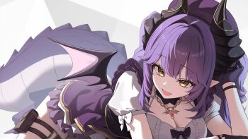 1girl :d absurdres black_bow black_gloves black_horns bow breasts center-flap_bangs cleavage commentary_request curved_horns demon_girl demon_wings double-parted_bangs g_home gloves hair_intakes hand_up highres horns jewelry korean_commentary large_breasts long_hair looking_at_viewer lying necklace on_stomach open_mouth orange_eyes pointy_ears purple_hair sakihane_huya shirt short_sleeves smile solo stellive tail thigh_strap virtual_youtuber white_bow white_shirt wings