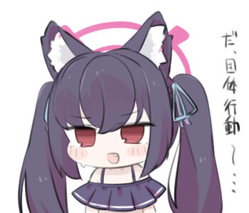 1girl :d bare_shoulders bikini black_bikini black_hair blue_archive blue_ribbon blush_stickers chibi fang hair_ribbon halo long_hair miranofuudoria open_mouth red_eyes ribbon serika_(blue_archive) serika_(swimsuit)_(blue_archive) simple_background smile solo swimsuit translation_request twintails white_background