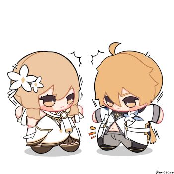 1boy 1girl ^^^ aether_(as_heaven_and_earth_are_made_anew)_(genshin_impact) aether_(genshin_impact) ahoge arms_up artist_name bare_shoulders black_boots black_shirt blonde_hair blue_feathers blush_stickers boots brother_and_sister brown_boots chibi chibi_only closed_mouth commentary detached_sleeves dress english_commentary english_text feathers flower flower_ornament full_body genshin_impact gold_trim grey_pants hair_between_eyes hair_flower hair_ornament highres jacket juliet_sleeves lapels long_hair long_sleeves looking_at_another looking_down low_ponytail lumine_(as_heaven_and_earth_are_made_anew)_(genshin_impact) lumine_(genshin_impact) notice_lines official_alternate_costume official_alternate_hairstyle open_clothes open_jacket open_shirt pants ponytail puffy_sleeves scarf shadow shirt short_hair siblings sidelocks simple_background sleeveless sleeveless_dress standing thigh_boots unosaki2 vest white_background white_dress white_flower white_jacket white_scarf white_sleeves white_vest x_navel yellow_eyes