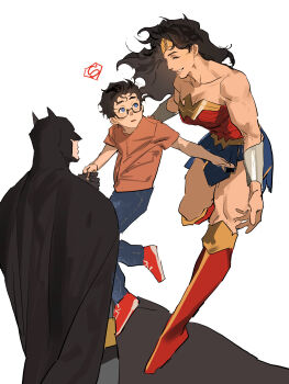 Rule 34 | 1girl, 2boys, absurdres, aged down, amazon warrior, bat mask, batman, batman (series), black cape, bodysuit, bracer, cape, chamsut0905, clark kent, commentary request, dc comics, gold bracer, gold tiara, grey bodysuit, highres, korean commentary, long hair, multiple boys, muscular, muscular female, superhero costume, superman (series), superman logo, taut bodysuit, wonder woman, wonder woman (series)
