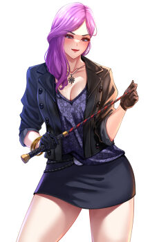 Rule 34 | 1girl, absurdres, black coat, black gloves, black skirt, breasts, coat, collarbone, gloves, highres, holding, holding whip, jewelry, karma3009, makeup, necklace, pencil skirt, pink hair, red lips, ryuu ga gotoku (series), ryuu ga gotoku 8, seonhee, shirt, simple background, skirt, sleeves rolled up, solo, whip