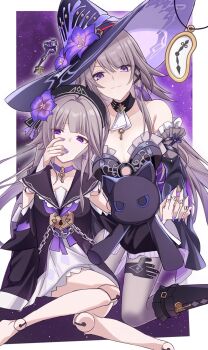 ascot beret black_dress black_hat choker clothing_cutout detached_sleeves doll_joints dress flower hat hat_flower herta_(honkai:_star_rail) herta_(puppet)_(honkai:_star_rail) highres honkai:_star_rail honkai_(series) jewelry joints key key_choker key_necklace lock necklace official_alternate_design purple_choker purple_eyes purple_flower purple_hat purple_nails purple_ribbon ribbon saint_laurent_paris shoulder_cutout strapless strapless_dress the_herta_(honkai:_star_rail) white_ascot witch_hat