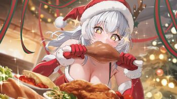 1girl blurry blurry_background breasts chicken_(food) chicken_leg christmas christmas_tree cleavage commentary_request eating elbow_gloves food food_on_face fur-trimmed_gloves fur_trim gloves goddess_of_victory:_nikke grey_hair hat highres large_breasts long_hair plate red_gloves red_ribbon ribbon santa_costume santa_hat snow_white_(nikke) solar_(happymonk) solo sparkling_eyes white_hair yellow_eyes