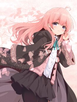 1girl adjusting_hair ahoge black_pantyhose black_robe black_shirt blush cardigan cmo_2kr collared_shirt commentary_request cowboy_shot film_grain green_ribbon highres houki_(majo_no_tabitabi) long_hair looking_at_viewer majo_no_tabitabi open_clothes open_robe pantyhose pink_cardigan pink_hair pleated_skirt purple_eyes ribbon robe shirt skirt smile solo white_shirt