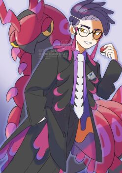 1boy black-framed_eyewear black_coat black_pants coat collared_shirt commentary_request corbeau_(pokemon) gen_5_pokemon glasses grin hand_in_pocket hand_up highres holding holding_poke_ball long_sleeves male_focus necktie nintendo open_clothes open_coat orange_(orangelv20) pants poke_ball poke_ball_(basic) pokemon pokemon_(creature) pokemon_legends:_z-a purple_shirt round_eyewear scolipede shirt short_hair smile teeth watermark white_necktie