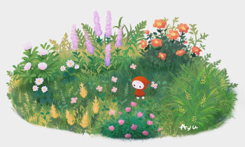 Rule 34 | 1girl, ayu (mog), black eyes, blonde hair, bush, closed mouth, commentary, commentary request, daisy (flower), english commentary, flower, flower request, grass, hood, hood up, hoodie, lavender (flower), mini person, minigirl, mixed-language commentary, original, pink flower, purple flower, red flower, red hood, red hoodie, romaji commentary, signature, solid circle eyes, solo, standing, white flower