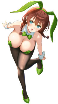 1girl animal_ear_hairband animal_ears aqua_eyes bare_shoulders blush braid breasts cleavage commentary_request detached_collar emma_verde fake_animal_ears freckles green_leotard hairband high_heels highres large_breasts leaning_forward leotard long_hair love_live! love_live!_nijigasaki_high_school_idol_club low_twin_braids open_mouth playboy_bunny rabbit_ear_hairband rabbit_ears red_hair sankuro_(agoitei) simple_background solo standing standing_on_one_leg strapless strapless_leotard twin_braids white_background white_wrist_cuffs wrist_cuffs