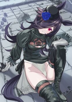 1girl 2b_(nier:automata) 2b_(nier:automata)_(cosplay) absurdres animal_ears black_boots black_dress blue_flower blue_rose boots breasts cleavage_cutout closed_mouth clothing_cutout cosplay dress feather-trimmed_sleeves flipped_hair flower groin hair_over_one_eye hat hat_flower highleg highleg_leotard highres horse_ears horse_girl horse_tail leotard nier:automata nier_(series) no_blindfold purple_eyes rice_shower_(umamusume) rose small_breasts solo tail tatsumi_yashiro thigh_boots thighhighs thighhighs_under_boots tilted_headwear umamusume white_leotard