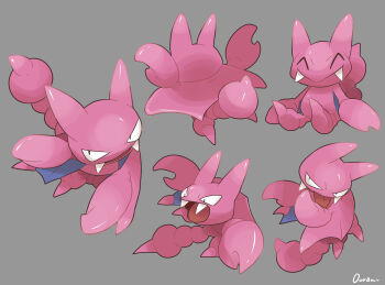 absurdres closed_eyes closed_mouth commentary_request fangs full_body gen_2_pokemon gligar grey_background highres multiple_views nintendo no_humans open_mouth ouran pokemon pokemon_(creature) simple_background tongue tongue_out