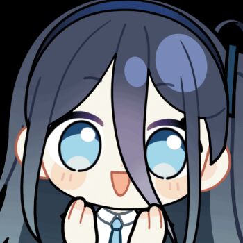 1girl :d animated animated_gif aqua_eyes aqua_necktie aris_(blue_archive) black_jacket blinking blue_archive blue_hair blue_hairband blue_jacket blush_stickers chibi chunye_haruya clapping collared_shirt disembodied_hand dot_nose hair_between_eyes hairband jacket long_bangs long_hair long_hair_between_eyes looking_at_viewer lowres multicolored_jacket necktie one_side_up open_clothes open_jacket open_mouth school_uniform second-party_source shirt simple_background smile solo transparent_background upper_body white_jacket white_shirt